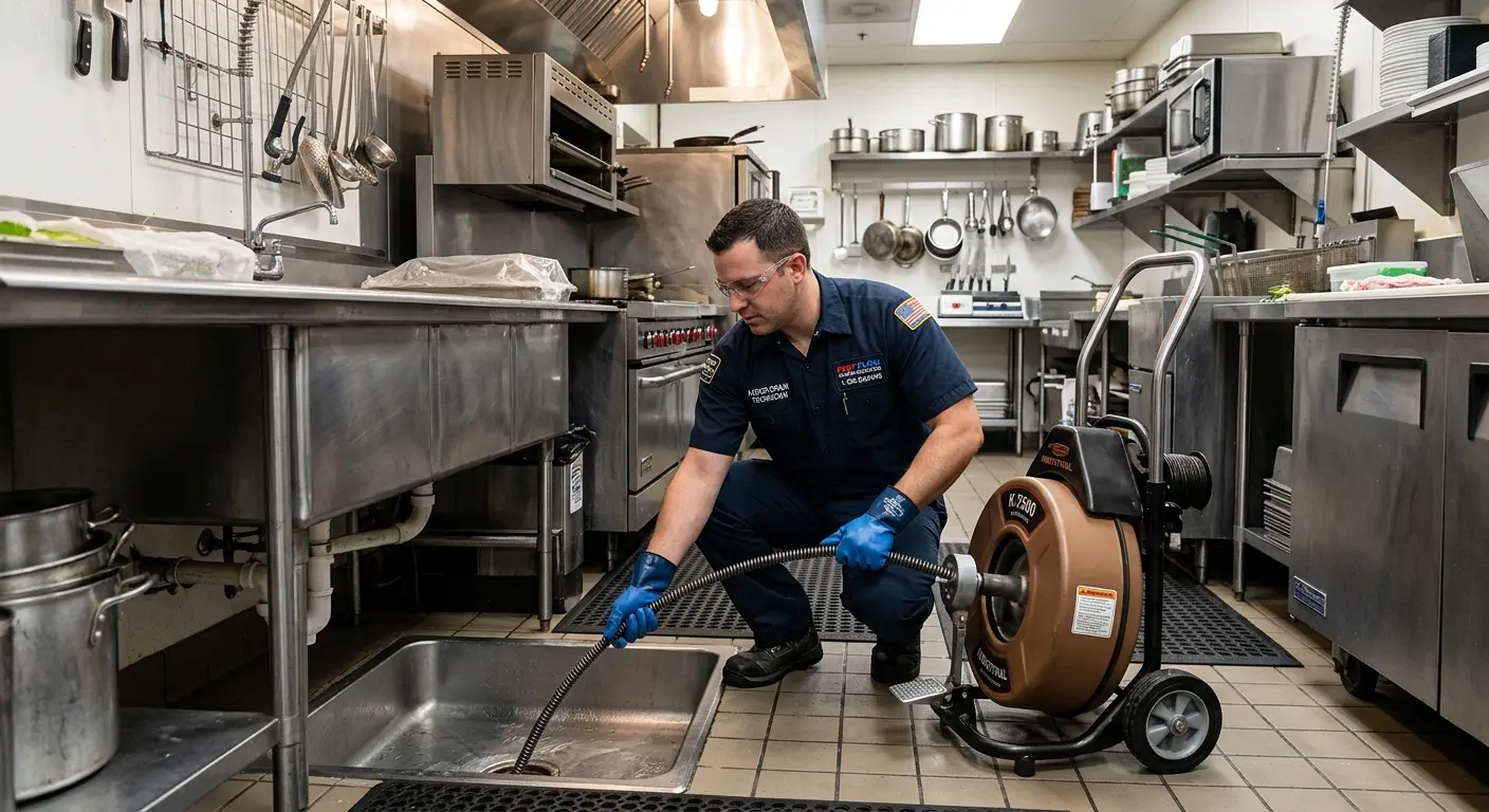 Commercial drain cleaning service in a restaurant kitchen in Winston