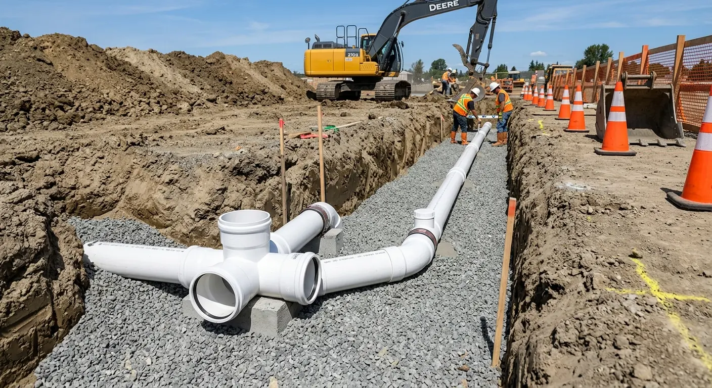New PVC sewer pipe installation in open trench for Sewer Backup in Winston
