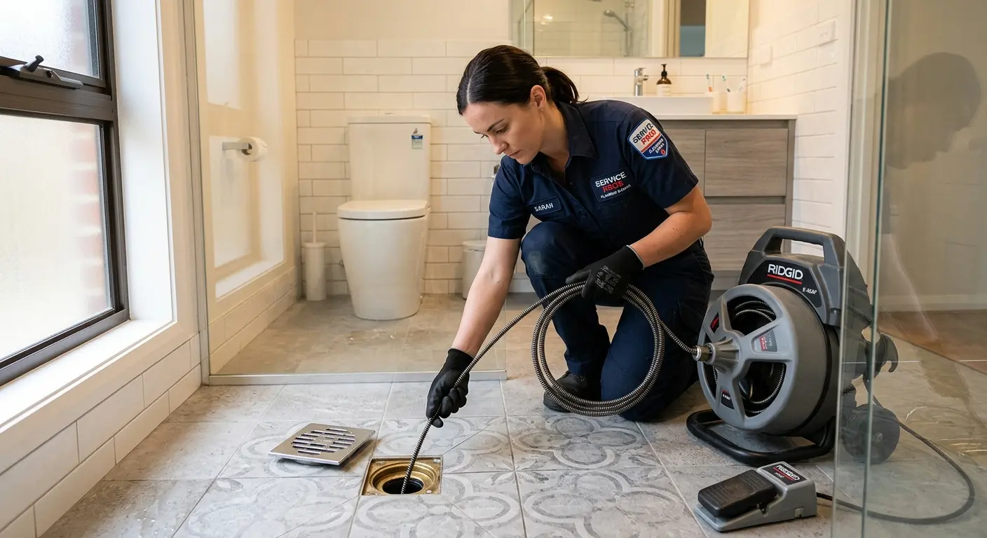 Technician clearing a bathroom floor drain for Drain Cleaning in Winston